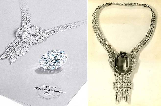 (좌)1939년 당시 목걸이를 현대적으로 재해석해 80캐럿이 넘는 화려한 오벌 다이아몬드로 세팅한 목걸이는 2022년 뉴욕 5번가 플래그십 스토어 새단장에 맞춰 공개될 예정이다. (우) 1939년 세계박람회에서 선보인 거대한 아쿠아마린과 눈부신 다이아몬드 목걸이