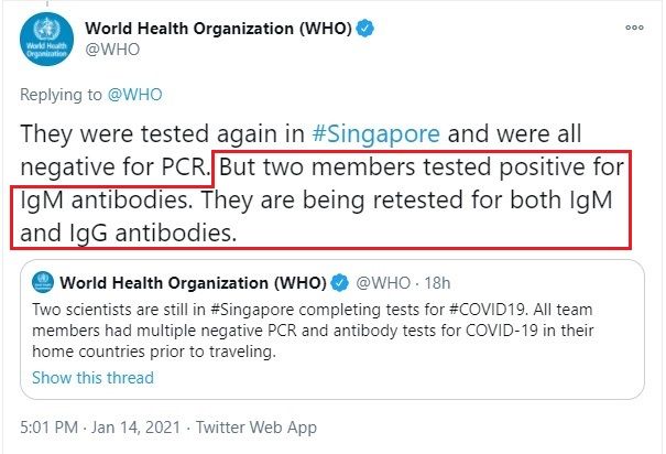WHO가 14일에 올린 트윗. 조사팀 중 2명이 항체 검사에서 양성 반응을 보여 재검사를 받고 있다고 밝혔다.
