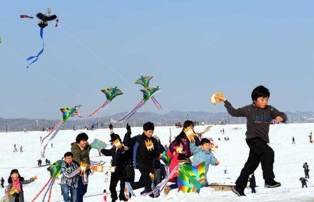 2010년 1월 경기관광공사가 임진각 평화누리에서 개최한 신년맞이 평화의 연날리기 한마당에서 행사에 참여한 어린이들이 하늘에 연을 날리며 즐거워 하고 있다. 파주=배우한 기자