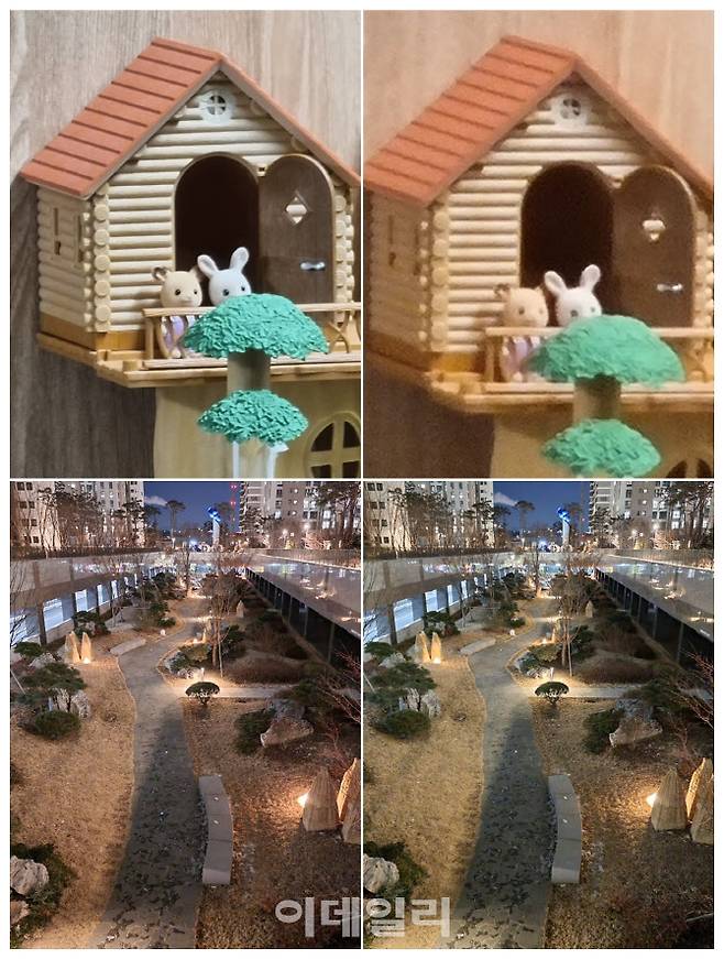 위·아래 각각 왼쪽이 갤럭시S21 울트라, 오른쪽이 갤럭시S21로 찍은 사진. (위)30배 줌으로 당겨 찍으니 일반 모델은 개체가 뭉개지고 노이즈가 심해졌다. (아래)일반모델도 야경사진이 잘 나오는 편이었지만 디테일에서는 확실히 차이가 있었다. (사진= 장영은 기자)