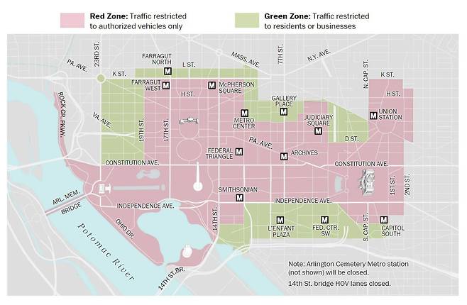 워싱턴DC 시내의 레드존과 그린존 구역. 레드존에는 특별 허가를 받은 차량만 진입할 수 있고, 그린존에는 해당 지역과의 관련성이 확인된 차량, 주민, 사업자만 통과할 수 있다. /워싱턴포스트 캡처