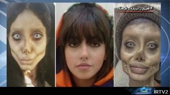 이란 방송은 '좀비 앤젤리나 졸리'로 불린 사하 타바르가 2019년 체포된 이후 인터뷰를 방송했다. [사진 IRTV2]