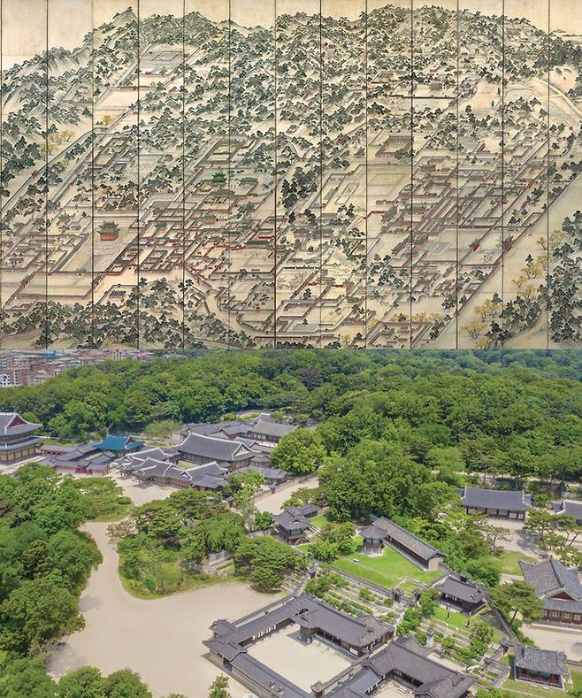 창덕궁, 창경궁의 모습을 담은 동궐도와 창덕궁 인정전 일대를 드론으로 촬영한 사진. 공중에서 바라본 모습을 가정해 그린 동궐도는 드론으로 촬영한 궁궐 사진과 비슷한 구도를 보여준다.국립고궁박물관 제공