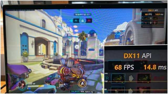 코어 i7-1185G7 탑재 노트북으로 오버워치를 실행한 장면. 그래픽 옵션 '높음' 설정시 매우 쾌적하게 실행된다. (사진=지디넷코리아)