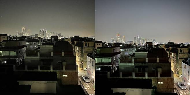 아이폰12 미니로 촬영한 사진. 일반모드(왼쪽), 야간모드(오른쪽)
