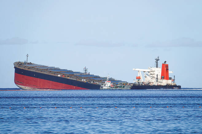 지난해 7월 일본 유니버설조선공사가 건조한 쇼센미쓰이 소속 화물선 와카시오호가 모리셔스 인근 해안에서 좌초됐다. / 사진=로이터