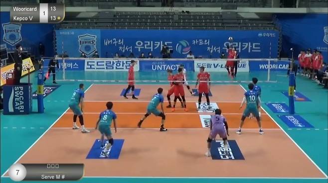 우리카드서 1세트 13-13에서 상대 포지션 폴트라고 주장한 장면. 6번 황동일과 1번 신영석의 위치가 바뀌었다. (우리카드 배구단 제공 영상 캡처). © 뉴스1