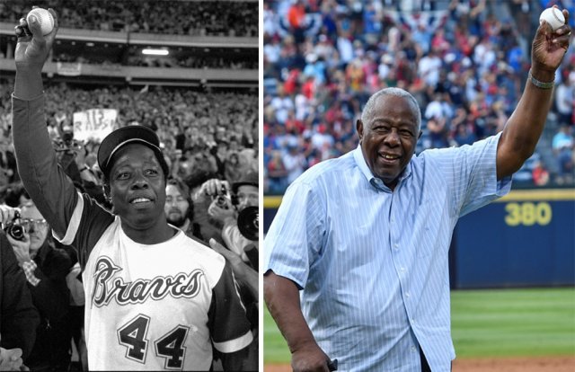 1974년 4월 8일 LA 다저스와의 경기에서 통산 715호 홈런을 친 뒤 홈런 공을 들고 기뻐하고 있는 행크 에런(왼쪽 사진). 오른쪽 사진은 2016년 자신의 친정 팀인 애틀랜타의 안방경기에서 시구를 한 뒤 약 42년 전 홈런 기록을 세울 당시처럼 공을 들고 환하게 웃고 있는 모습. AP 뉴시스