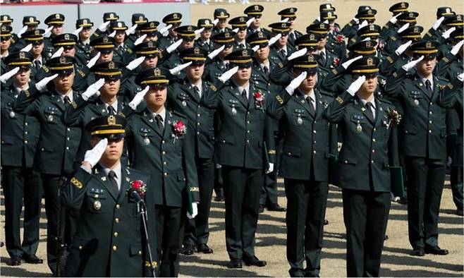 지난 2020년 3월 5일 서울 노원구 육군사관학교에서 열린 '육사 제76기 졸업·임관식'에서 신임 소위들이 거수경례하고 있다. 연합뉴스