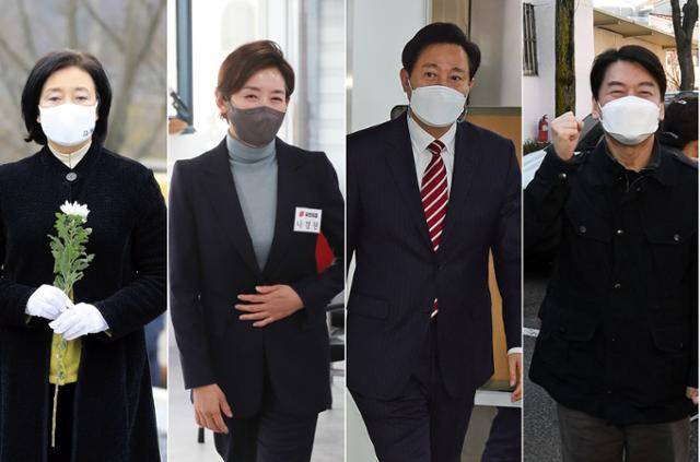 서울시장 보궐선거에 나서는 박영선(왼쪽부터) 전 중소벤처기업부 장관과 나경원 전 국민의힘 의원, 오세훈 전 서울시장과 안철수 국민의당 대표. 연합뉴스
