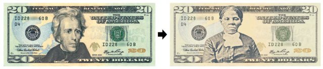 인종차별주의자인 앤드루 잭슨 제7대 대통령이 그려진 현 미국 20달러짜리 지폐(왼쪽)와 새 지폐의 주인공인 19세기 흑인 여성 인권운동가 해리엇 터브먼이 그려진 합성 이미지.