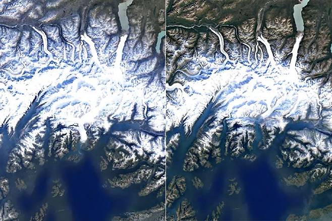 좌측부터 1984년 미국 알래스카 지역 빙하, 2018년 미국 알래스카 지역 빙하. 구글어스 캡처