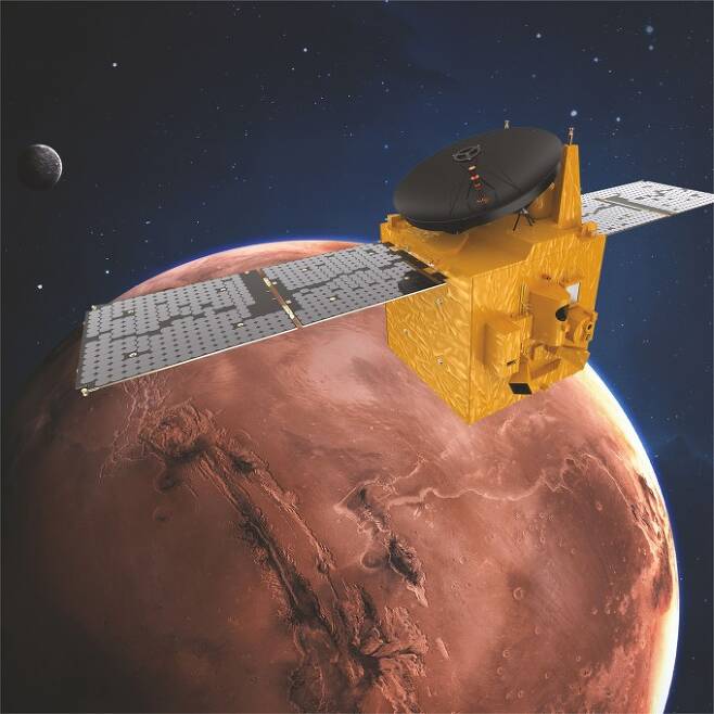 아랍에미리트(UAE)의 화성 궤도선 ‘아말’이 한국시간으로 다음달 10일 화성 궤도에 진입할 예정이다. 사진은 화성 궤도에 도착한 아말 상상도. MBRSC 제공