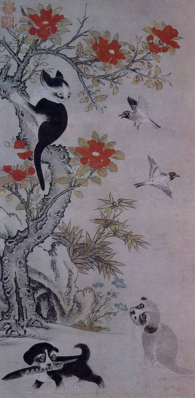 이암, ‘화조묘구도(花鳥猫狗圖)’, 16세기 중엽, 비단에 채색, 86.4×43.9㎝, 평양 조선미술관 소장.
