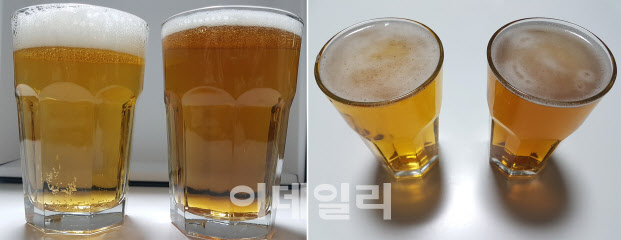 테라(사진 마다 왼쪽)와 한맥(오른쪽) 같은 용량 병맥주를 똑같은 잔에 따라 비교해봤다. 한맥이 테라보다 맥주 빛깔이 어둡고 진하다.(사진=김범준 기자)