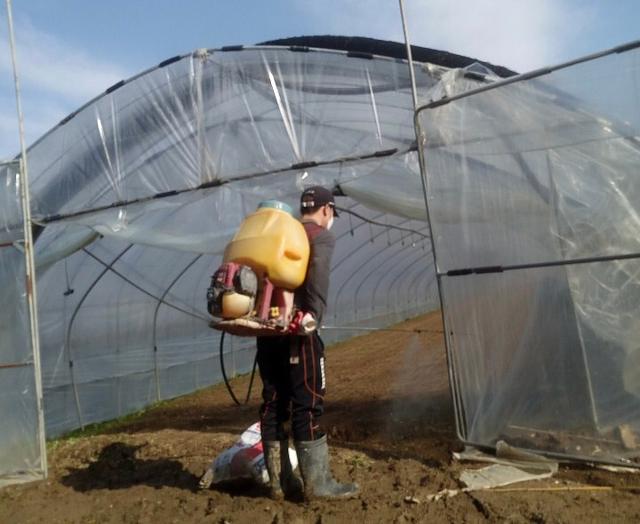 농촌 이주노동자가 비닐하우스 밭에 농약을 살포하고 있는 모습. 김달성 목사 제공