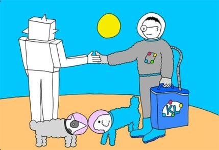 이 교수의 과학 만화. 로봇 조수 뚜띠(왼쪽)와 본인(오른쪽)을 그렸다. /이기진 교수 제공