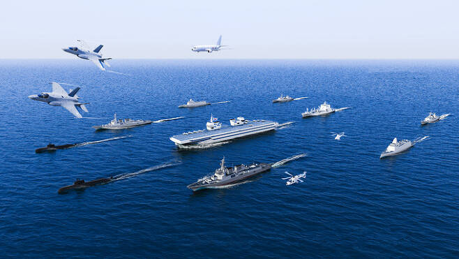 해군이 공개한 경항모전단의 상상도. 경항모와 이지스함, 차기구축함(KDDX) 등으로 구성되어 있다. 해군 제공