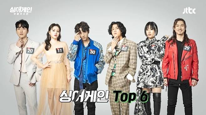 지난해 11월 시작해 8일 종영한 JTBC 오디션 프로그램 '싱어게인-무명가수전'은 '한 번 더' 기회가 필요한 무명 가수들에게 도전 기회를 주는 프로그램이었다. 사진은 결승전에 진출한 톱6. 왼쪽부터 이정권, 이소정, 이승윤, 이무진, 요아리, 정홍일. '싱어게인' 캡처