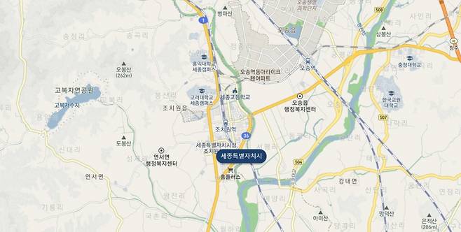 세종시 중심지역과 주변 지역 위치도. /사진제공=밸류맵