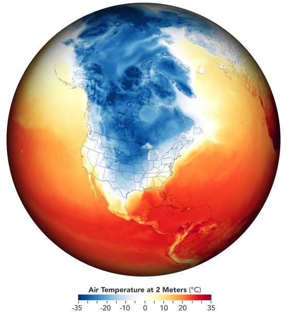 북극에서 내려온 한기로 인해 미 남부 텍사스주가 알래스카 일부 지역보다 낮은 기온을 기록하고 있다. 푸른색이 진할수록 기온이 낮고, 붉은색이 진할수록 기온이 높다. NASA