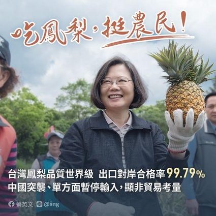 중국이 3월 1일부터 대만 파인애플 수입을 중단한다고 밝힌 이후, 차이잉원 대만 총통은 파인애플 먹기 캠페인에 나섰다. /차이잉원 페이스북