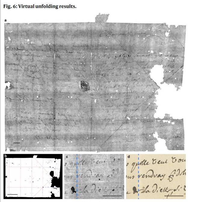 11명의 과학자들로 구성된 국제 연구진이 X레이 3D 스캔과 미세 단층촬영을 통해, 가상으로 펼쳐 보일 수 있었던 17세기초 작성된 한 미개봉 편지./네이처 커뮤니케이션스