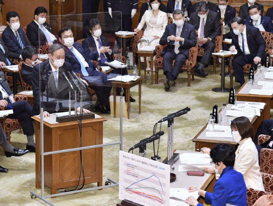 스가 요시히데 일본 총리가 4일 오후 열린 참의원 예산위원회에서 의원들의 질의에 답변하고 있다.(사진=연합뉴스)