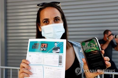 이스라엘에서 5일 열린 접종자를 위한 콘서트 입장에 접종 증명서를 보여주는 여성 [AFP=연합뉴스]