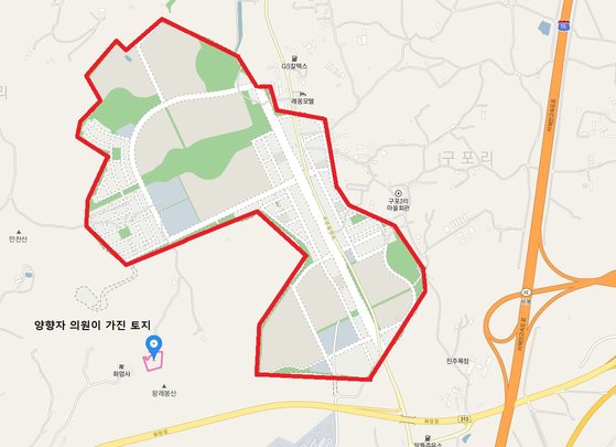 양향자 의원이 소유한 토지와 화성비봉 공공택지(붉은색 선 안). [카카오지도 캡처]