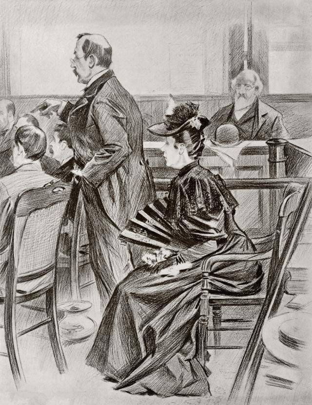 살인 혐의로 재판을 받는 리지 보든과 변호인을 묘사한 주간지 '일러스트레이티드 아메리칸'의 삽화.