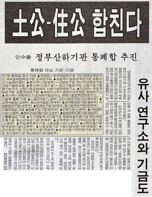 김대중 대통령직 인수위원회가 한국토지공사와 대한주택공사의 합병 방침을 세웠다고 전한 한국일보 1998년 2월 16일자 1면.