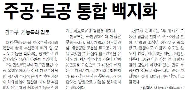 노무현 정부 때 주택공사와 토지공사의 통합안이 백지화했다고 전한 한국일보 2003년 5월 3일자.
