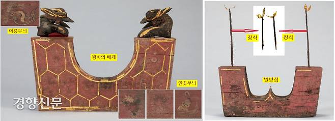 무령왕릉에서 발굴된 무령왕비의 베개와 발받침. 나무 베개는 봉황, 어룡(魚龍), 연꽃, 덩굴무늬를 새겼고, 베개의 양 옆 윗면에는 암수 한 쌍으로 만들어진 목제 봉황머리가 놓여 있다. 국보 164호로 지정됐다. 오른쪽은 왕비의 발받침이다. 장식이 붙어있다. |국립공주박물관 제공