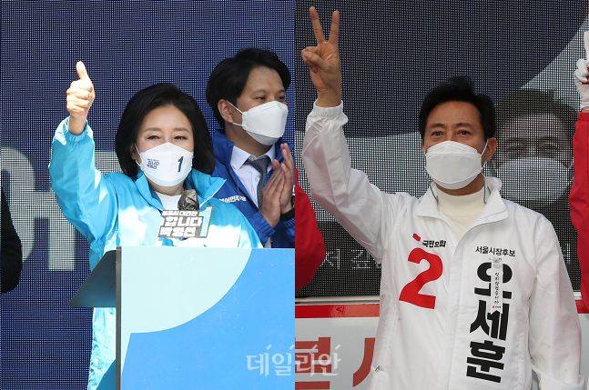 더불어민주당 박영선 서울시장 후보와 국민의힘 오세훈 서울시장 후보가 각자 기호를 상징하는 손가락을 치켜든 채 지지를 호소하고 있다. ⓒ데일리안