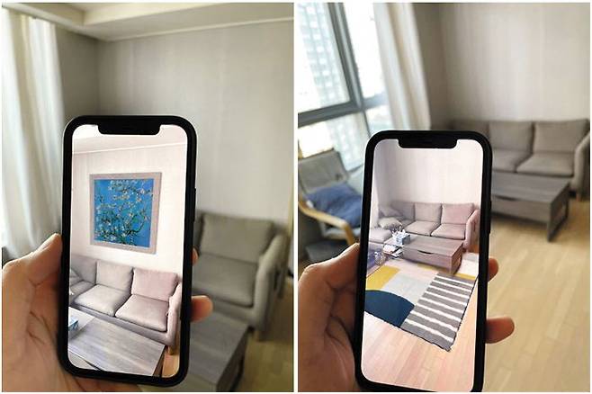 그림(왼쪽)과 러그를 비치한 후 집 안을 각각 스마트폰 화면을 통해 미리 구현해 보는 모습. /리콘랩스