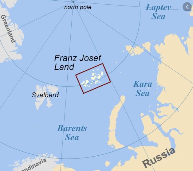프란츠 요셉 군도의 위치. 러시아 최북단 영토다. 알렉산드라 섬은 군도 서쪽 끝에 위치한다.    위키미디어