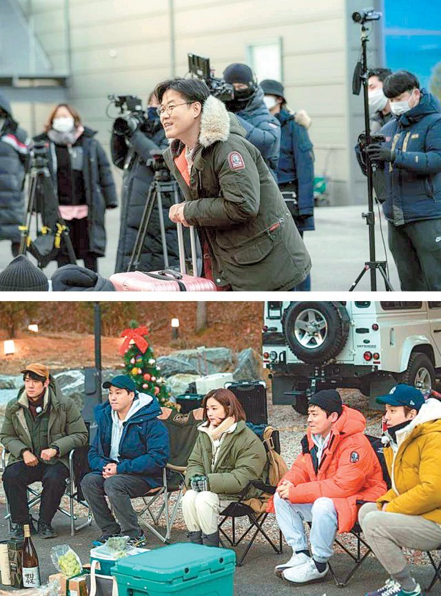 나영석 PD가 tvN 예능 ‘출장십오야’에서 ‘슬기로운 캠핑생활’ 촬영 현장에 찾아가 배우들과 게임을 진행하는 장면. CJ ENM 제공