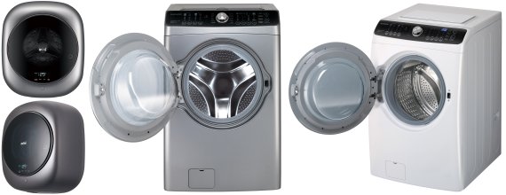 SGC솔루션에서 생산 납품하는 ‘세탁기 도어 글라스’(도어 안쪽 볼록한 부분)가 탑재된 위니아전자 소용량 드럼세탁기(왼쪽)와 대용량 드럼세탁기. SGC솔루션 제공.