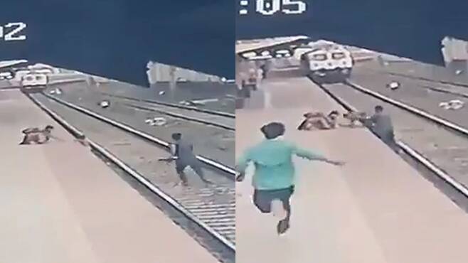 지난 17일(현지 시각) 인도 뭄바이의 반가니역에서 기차가 달려오고 있는 선로에 6세 소년이 떨어지는 것을 보고 철도 회사 직원 마유르 셸케가 뛰어가 극적으로 아이를 구하는 모습이 포착됐다./Ministry of Railways 트위터
