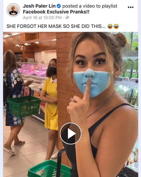16일(현지 시각) 대만 출신 인도네시아 인플루언서 조시 팔러 린의 페이스북에는 마치 마스크를 쓴 것처럼 얼굴에 파란색 마스크를 그린 뒤 마트를 돌아다니는 여성의 동영상이 올라왔다. /트위터