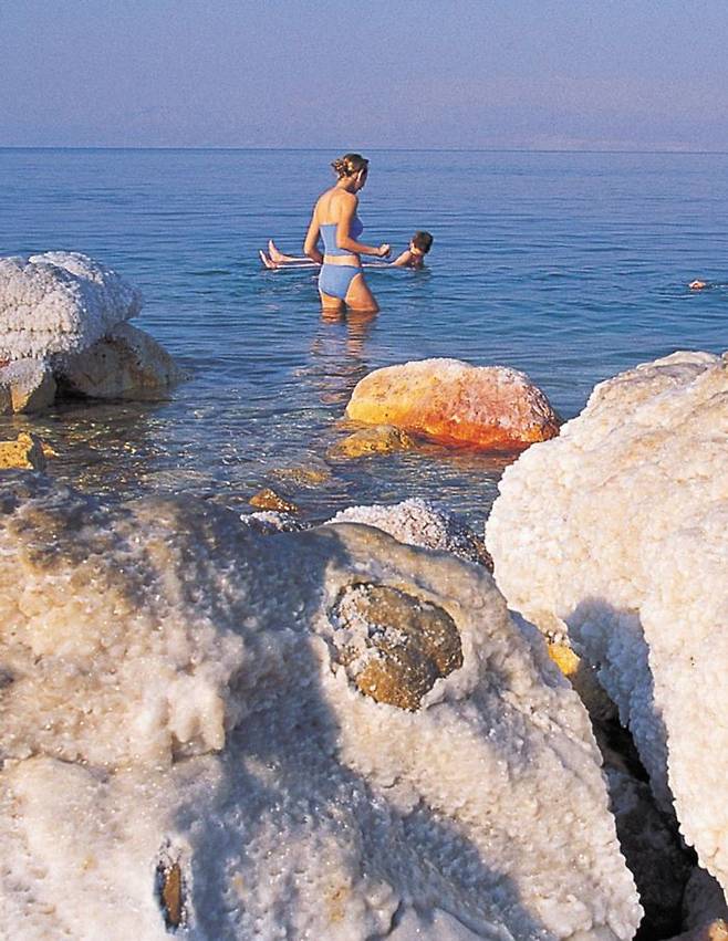 사해도 고대엔 '생명의 소금' 바다 - 생물이 살 수 없는 죽음의 호수라는 의미로 '사해(死海·Dead Sea)'로 불리지만, 고대에는 생존에 필수적인 소금을 구할 수 있는 생명의 바다이기도 했다. 소금 결정으로 뒤덮인 사해의 암석 너머로 호수 물에 떠 있는 사람의 모습이 보인다. /조선일보 DB
