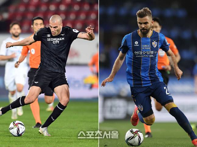 성남FC 뮬리치(왼쪽), 울산 현대 루카스 힌터제어. 박진업기자, 제공 | 한국프로축구연맹