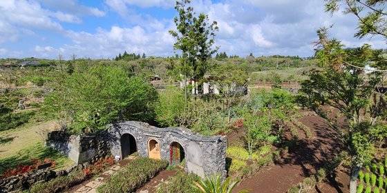 탐나라공화국 노자예술관 주변 풍경. 풀 밖에 없던 중산간 초원에 나무를 심고, 연못을 파고 꽃을 심고 밭을 만들었다. 손민호 기자