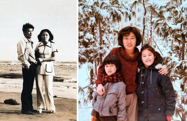 젊은 시절의 엄마. 남편 문창준씨와 결혼 전 부산 바닷가에서 데이트하던 때다. 그가 입은 부츠컷 팬츠 셋업이 지금 봐도 멋스럽다. 오른쪽 사진은 눈이 소복하게 쌓인 겨울날, 딸 소리·아들 양일씨와 함께 찍은 것이다. 이향란씨 제공