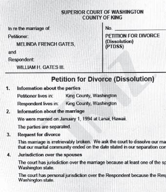 멀린다 게이츠가 3일 워싱턴주 킹카운티 지방 법원에 제출한 이혼 신청서 사본. [사진 TMZ]