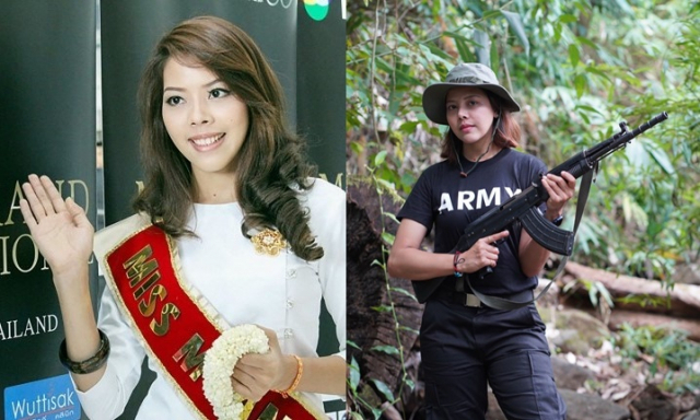 2013년 미스 그랜드인터내셔널대회 미얀마 대표였던 타 텟 텟이 지난 11일 자신의 SNS에 검은색 옷을 입고 총을 든 사진을 게재하며 쿠데타 군부와 맞설 것이라는 의지를 밝혔다./출처=APF연합뉴스, 타 텟 텟 SNS