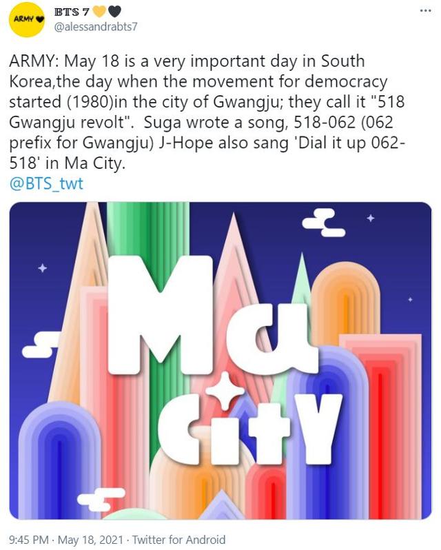 광주 민주화운동의 내력을 설명하는 BTS 팬 계정. 트위터 캡처