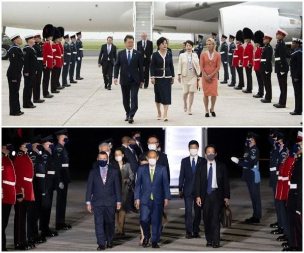 문재인 대통령이 11일(현지시간) 주요 7개국(G7) 정상회의 참석차 영국에 입국한 모습으로, 마스크를 벗은 채 의장대 사열을 받으며 들어오고 있다(위 사진). 반면 스가 요시히데 일본 총리는 마스크를 쓴 채 입국했다. 온라인 커뮤니티 캡처