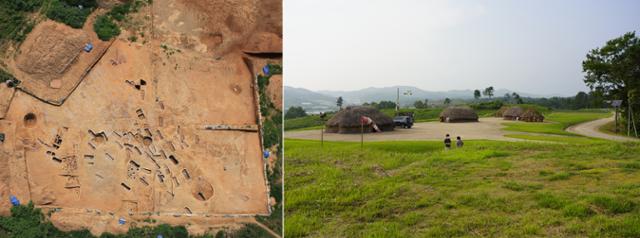 25차 발굴에서 확인된 원형 집자리. 장방형의 작은 구덩이들은 조선시대의 민묘다(왼쪽 사진). 오른쪽 사진은 원형 집자리와 방형 집자리가 복원된 유적 광장으로 오른쪽 길은 능선을 따라 나 있는 농로다.